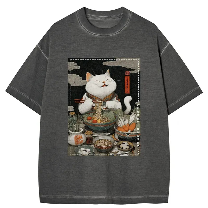 Kyoto-Lion The Ramen-Loving Cat Gradient Washed T-Shirt