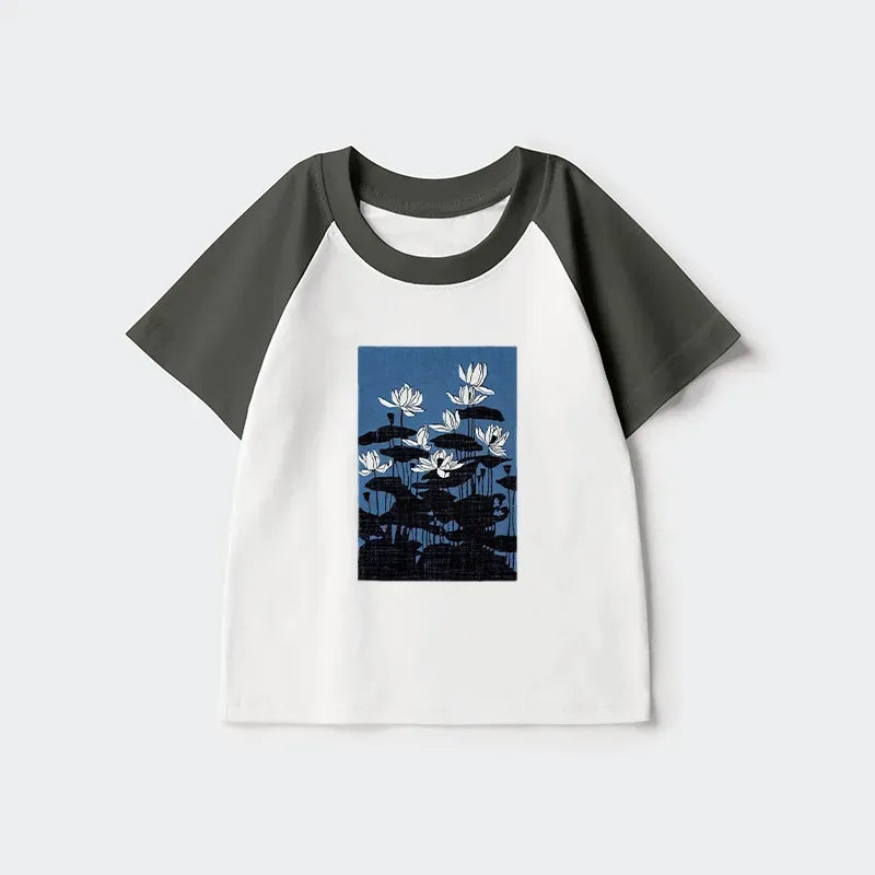 Kyoto-Lion Blue Lotus Japanese Art Kids Raglan T-shirt