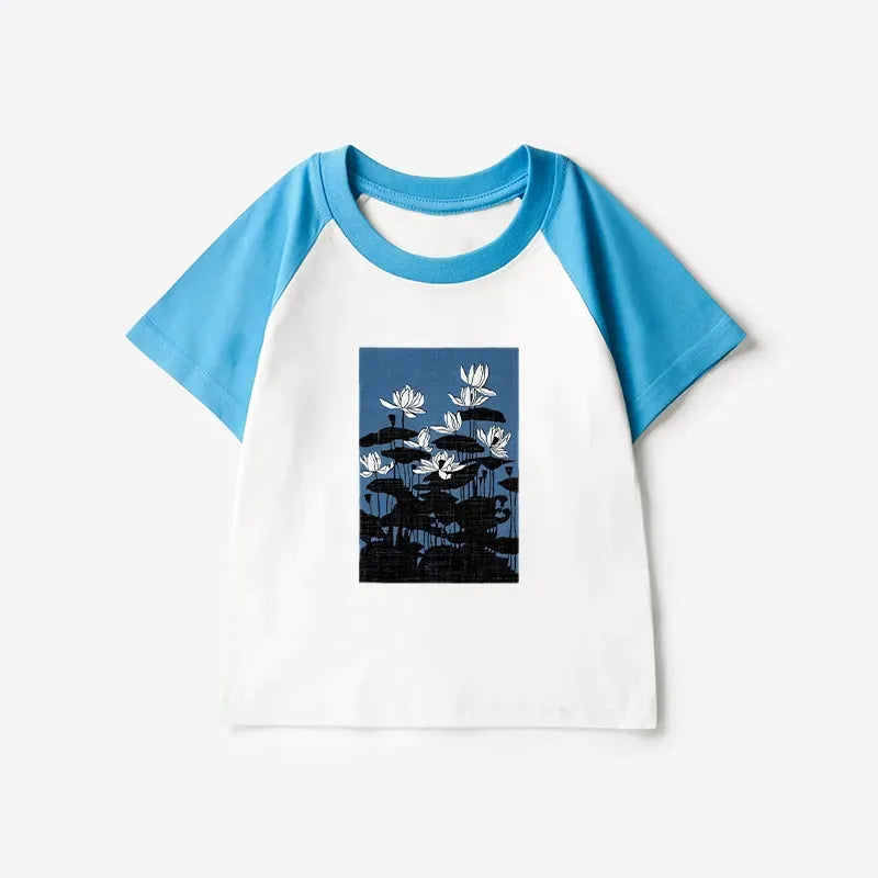 Kyoto-Lion Blue Lotus Japanese Art Kids Raglan T-shirt
