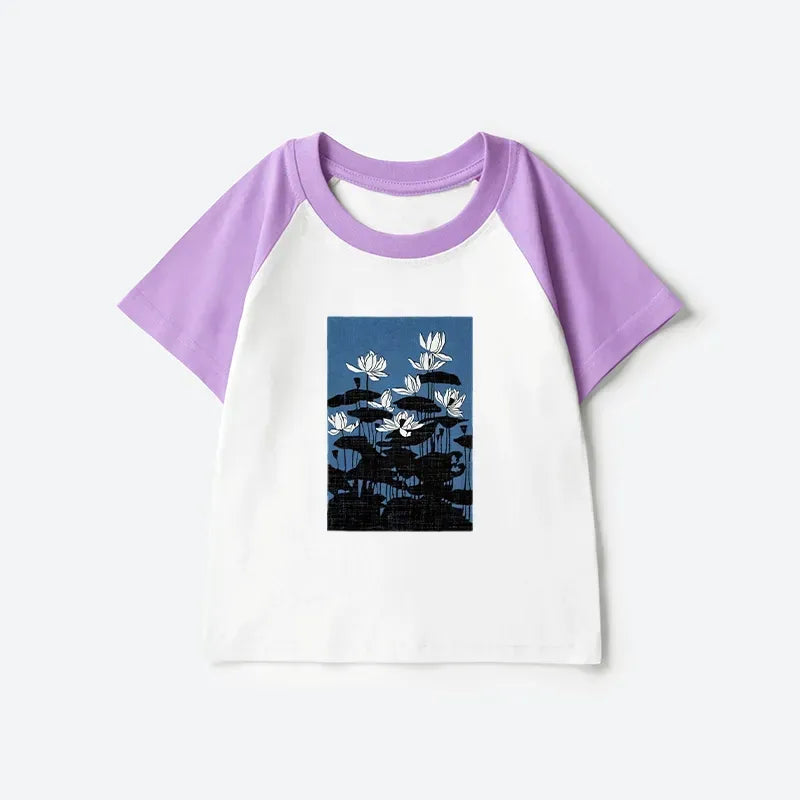 Kyoto-Lion Blue Lotus Japanese Art Kids Raglan T-shirt