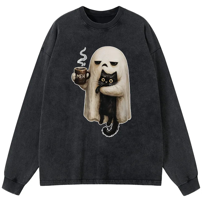 Kyoto-Lion Ghost Cat Coffee Mood Washed Long Sleeve T-Shirt