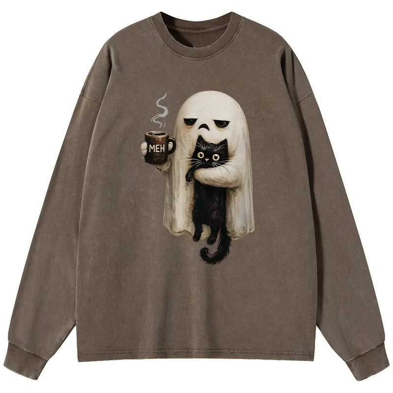 Kyoto-Lion Ghost Cat Coffee Mood Washed Long Sleeve T-Shirt
