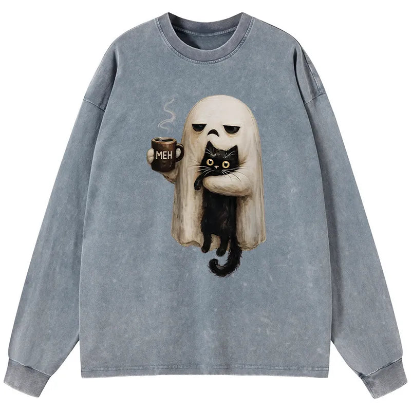 Kyoto-Lion Ghost Cat Coffee Mood Washed Long Sleeve T-Shirt
