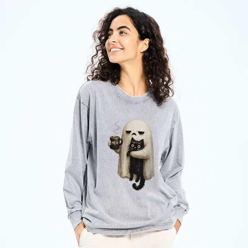 Kyoto-Lion Ghost Cat Coffee Mood Washed Long Sleeve T-Shirt
