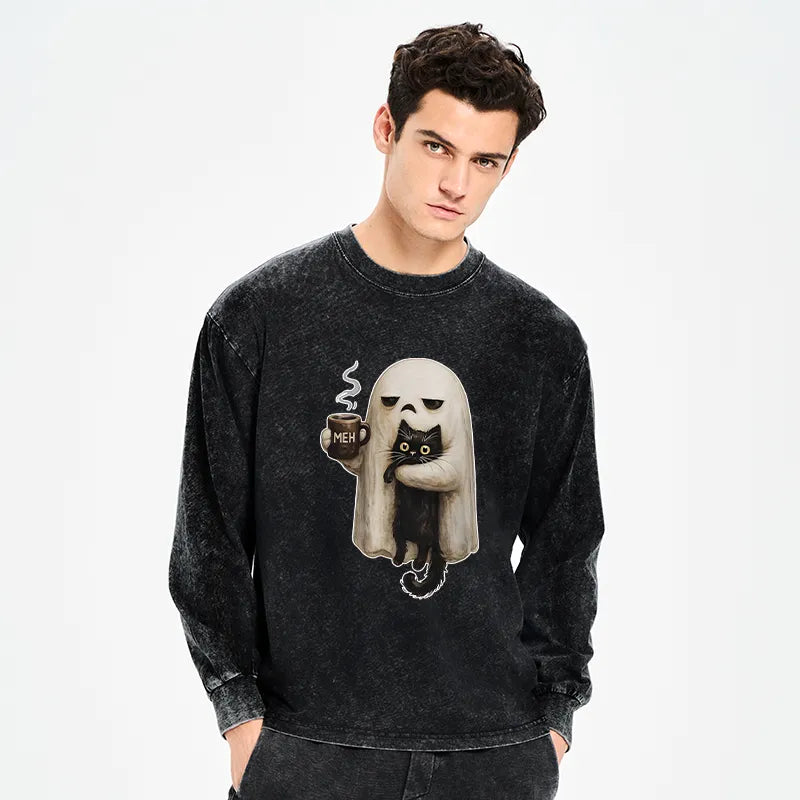 Kyoto-Lion Ghost Cat Coffee Mood Washed Long Sleeve T-Shirt