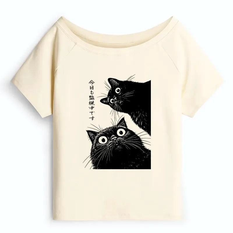 Trendy Japanese Cat Off Shoulder T-Shirt