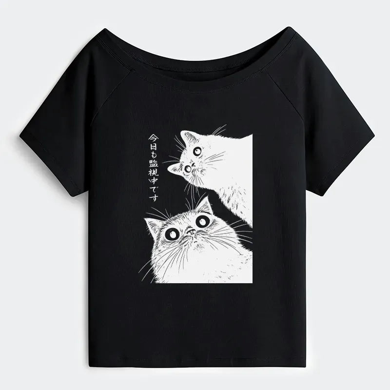 Trendy Japanese Cat Off Shoulder T-Shirt
