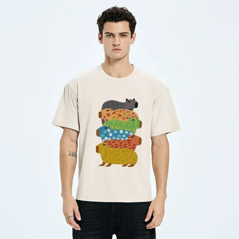 Colorful Capybara Washed T-Shirt for Summer