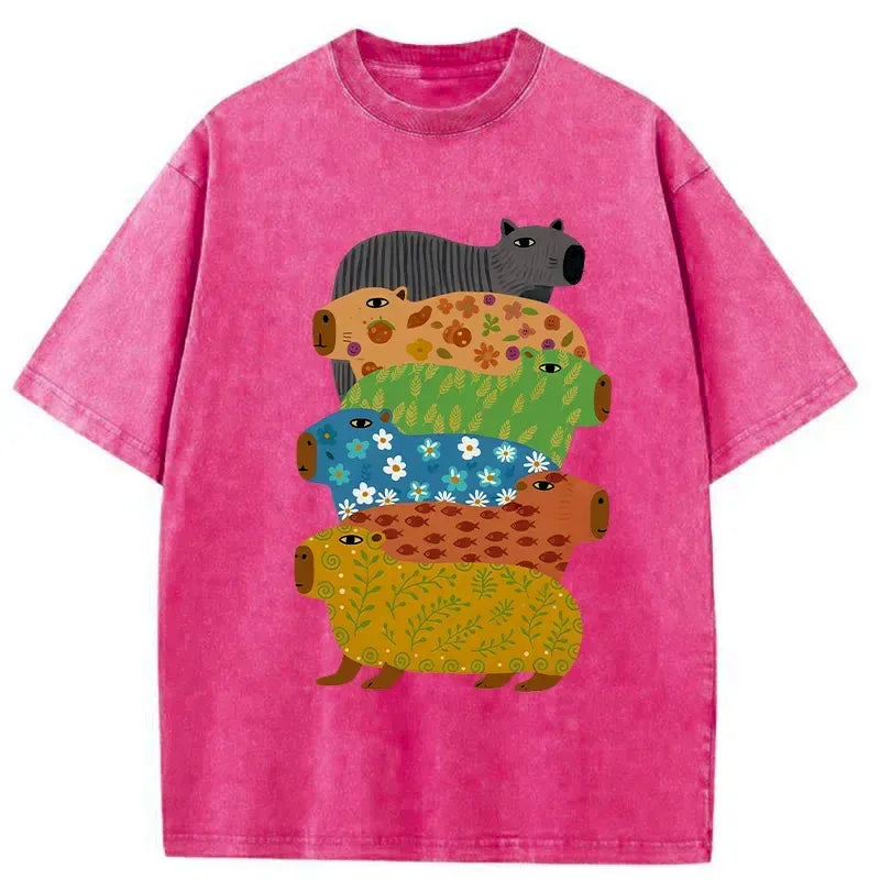 Kyoto-Lion Colorful Capybaras Washed T-Shirt