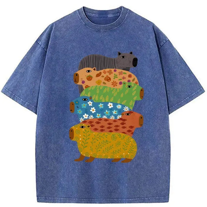 Kyoto-Lion Colorful Capybaras Washed T-Shirt