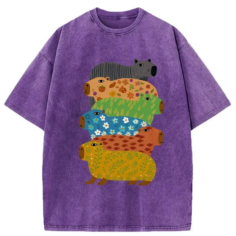 Colorful Capybara Washed T-Shirt for Summer