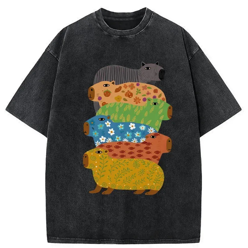 Kyoto-Lion Colorful Capybaras Washed T-Shirt