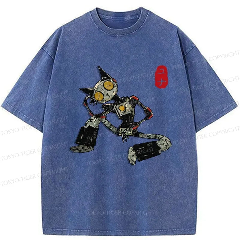 Kyoto-Lion Contemplative Robot Cat Washed T-Shirt