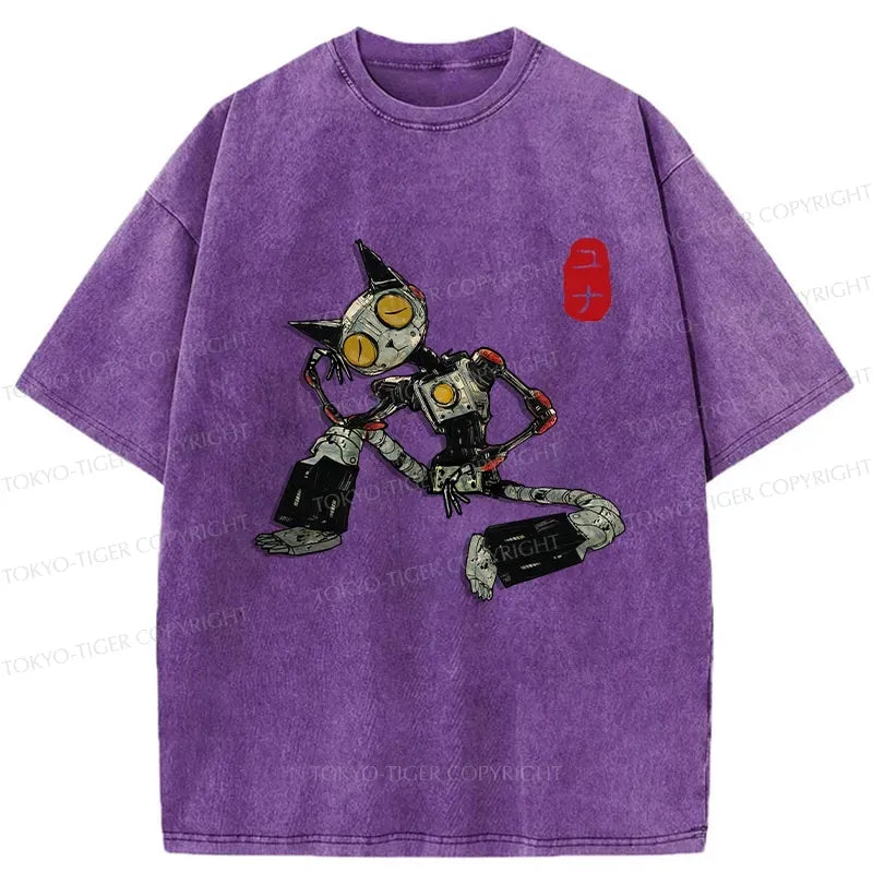 Kyoto-Lion Contemplative Robot Cat Washed T-Shirt