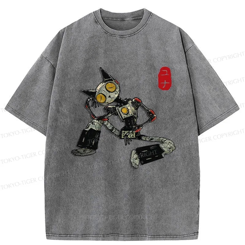 Japanese Washed Robot Cat T-Shirt