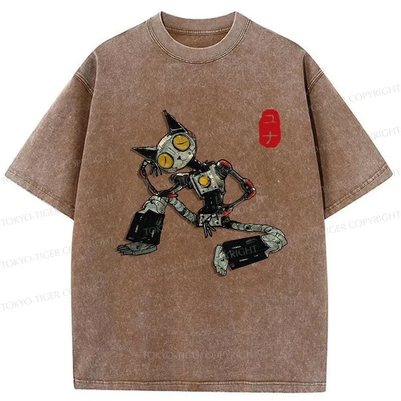 Kyoto-Lion Contemplative Robot Cat Washed T-Shirt