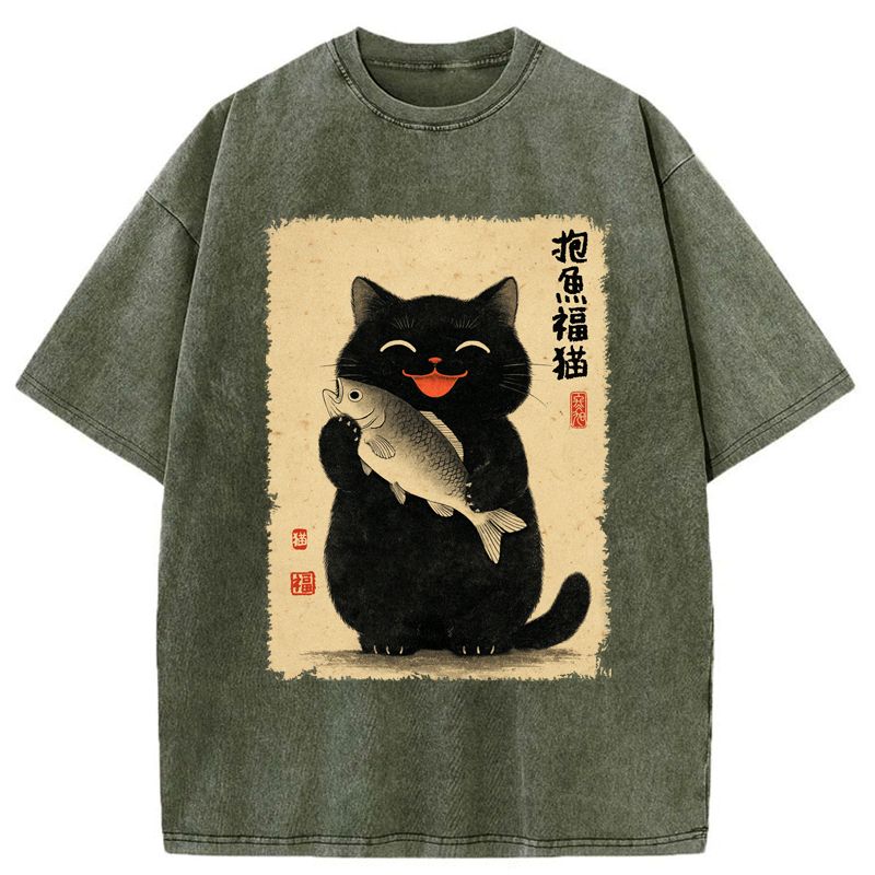 Japanese Lucky Cat Washed T-Shirt for Daily Wear