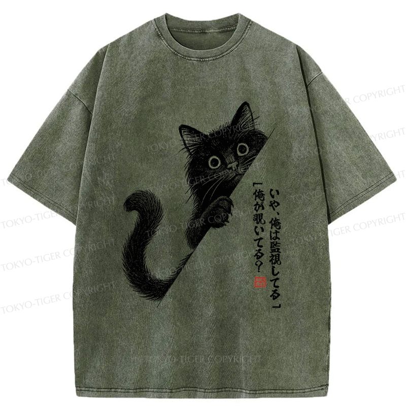 Kyoto-Lion A Funny Black Cat Is Watching You Washed T-Shirt