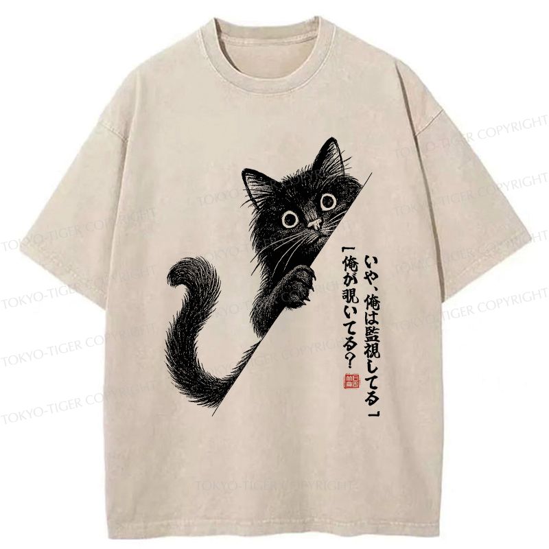 Kyoto-Lion A Funny Black Cat Is Watching You Washed T-Shirt