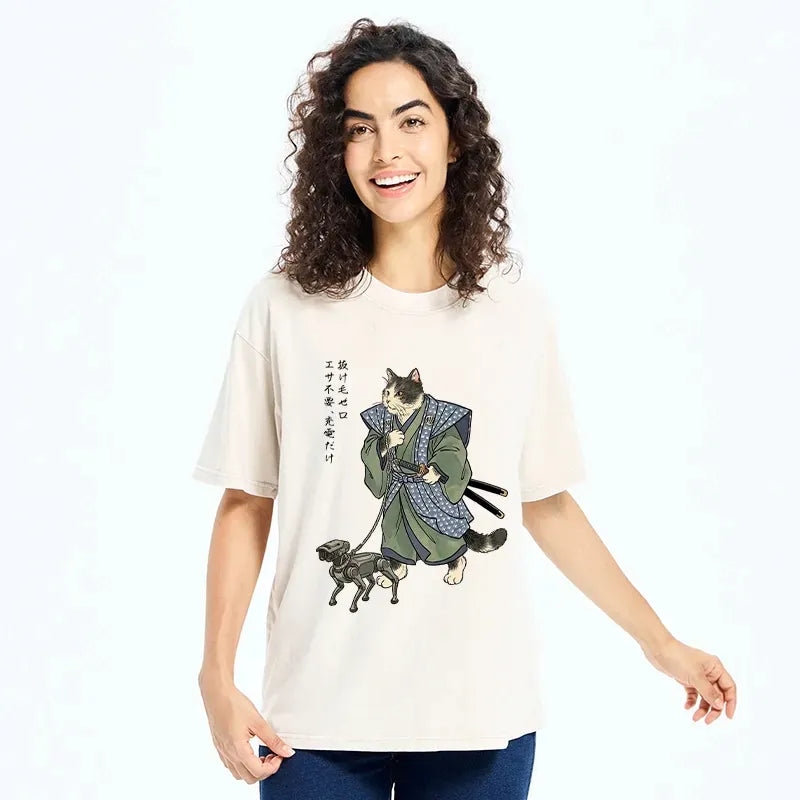 Kyoto-Lion Edo Style Cat Futuristic Pet Print Washed T-Shirt