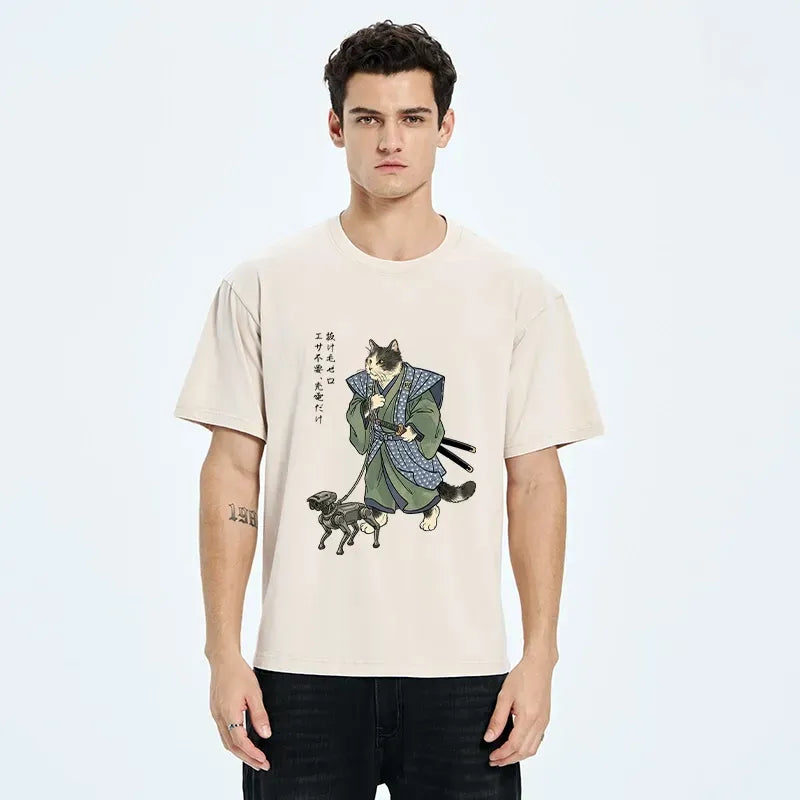 Washed cat t-shirt for streetwear