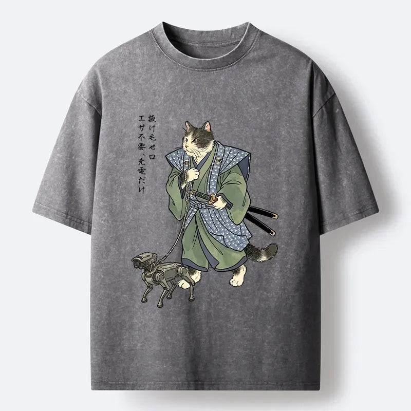 Kyoto-Lion Edo Style Cat Futuristic Pet Print Washed T-Shirt