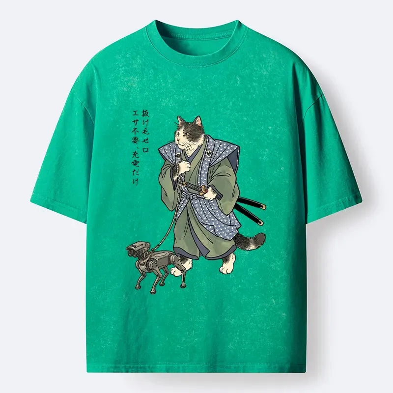 Kyoto-Lion Edo Style Cat Futuristic Pet Print Washed T-Shirt