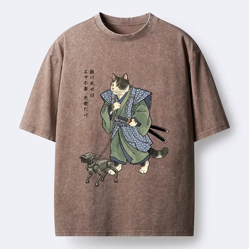 Kyoto-Lion Edo Style Cat Futuristic Pet Print Washed T-Shirt