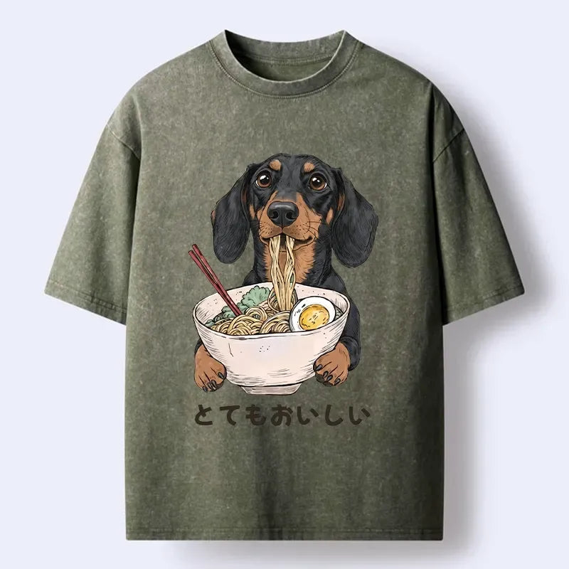 Kyoto-Lion Cute Dog Eating Noodles Art Meme Washed T-Shirt