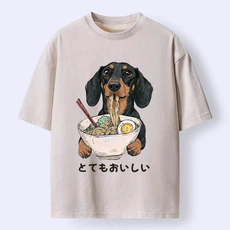 Kyoto-Lion Cute Dog Eating Noodles Art Meme Washed T-Shirt