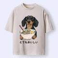 Kyoto-Lion Cute Dog Eating Noodles Art Meme Washed T-Shirt