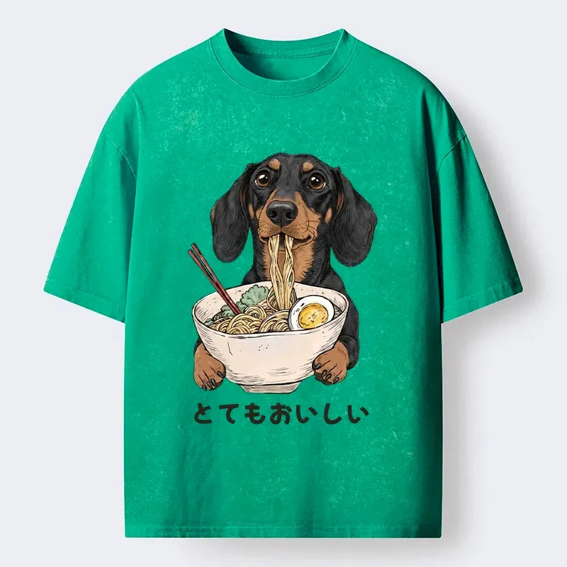 Kyoto-Lion Cute Dog Eating Noodles Art Meme Washed T-Shirt