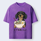 Kyoto-Lion Cute Dog Eating Noodles Art Meme Washed T-Shirt