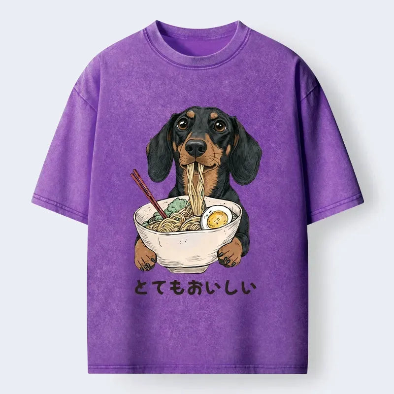Kyoto-Lion Cute Dog Eating Noodles Art Meme Washed T-Shirt