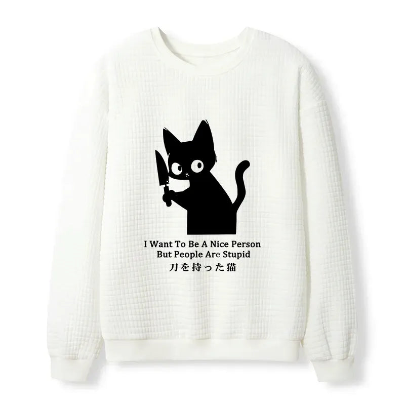 Kyoto-Lion Black Cat With A Knife Japan Waffle Sweatshirt