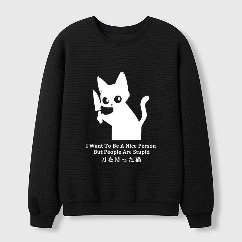 Japanese Black Cat Waffle Sweatshirt