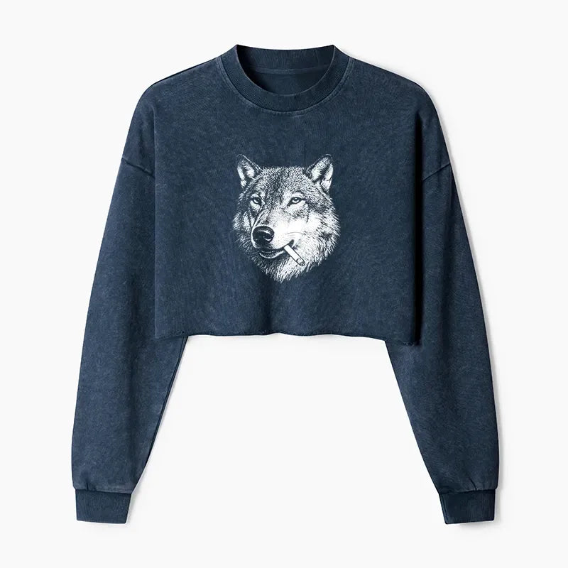 Kyoto-Lion Cool Wolf Meme Bad Decisions Pending Washed Crop Sweatshirt