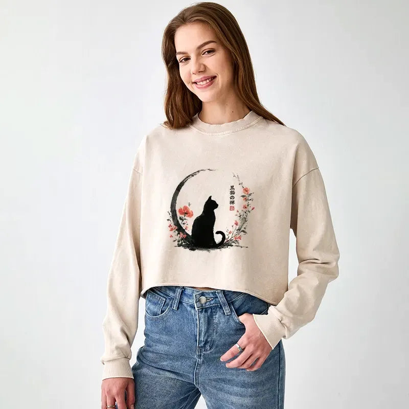 Kyoto-Lion Black Cat And Flowers Washed Crop Sweatshirt