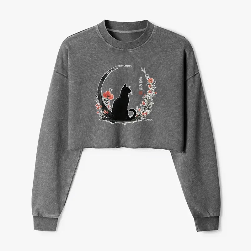 japanese black cat washed crop sweatshirt