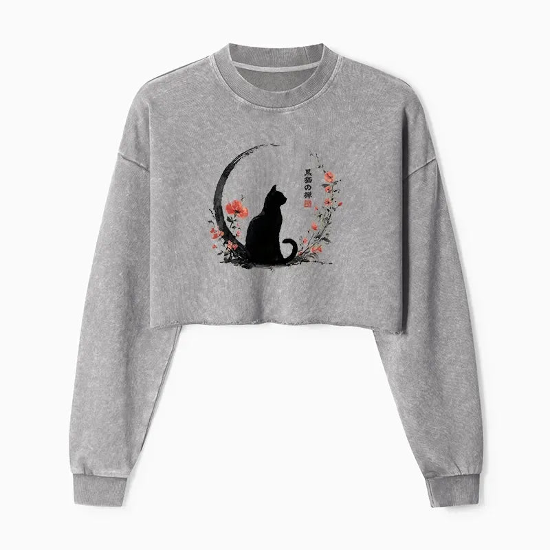Kyoto-Lion Black Cat And Flowers Washed Crop Sweatshirt