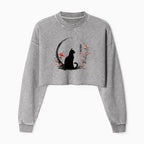 Kyoto-Lion Black Cat And Flowers Washed Crop Sweatshirt