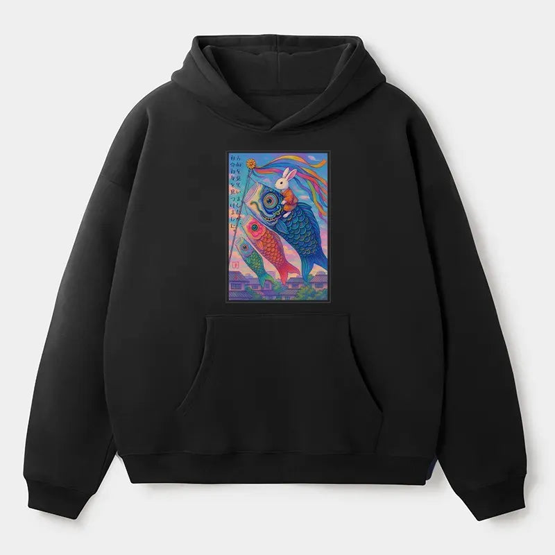 Kyoto-Lion Ukiyoe Rabbit Ride Carp Streamer Poster Adult Fleece Hoodie