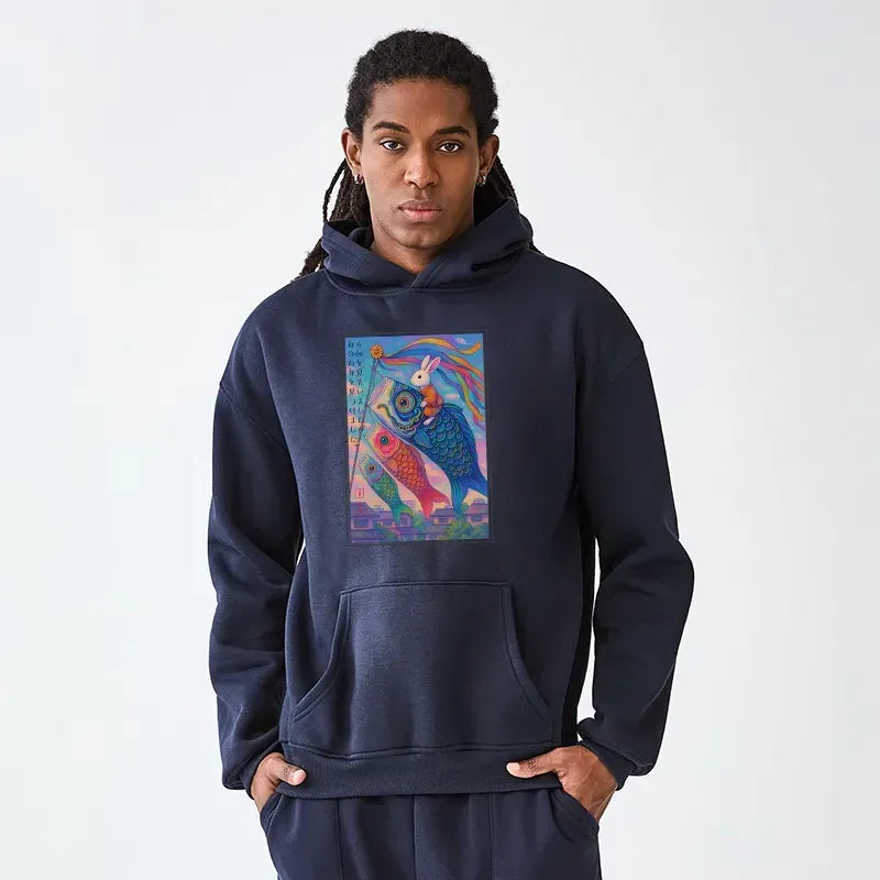 Kyoto-Lion Ukiyoe Rabbit Ride Carp Streamer Poster Adult Fleece Hoodie