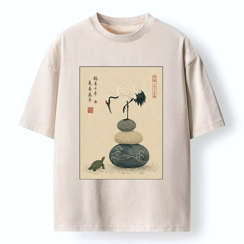 Kyoto-Lion Turtle And Crane Traditional Art Washed T-Shirt