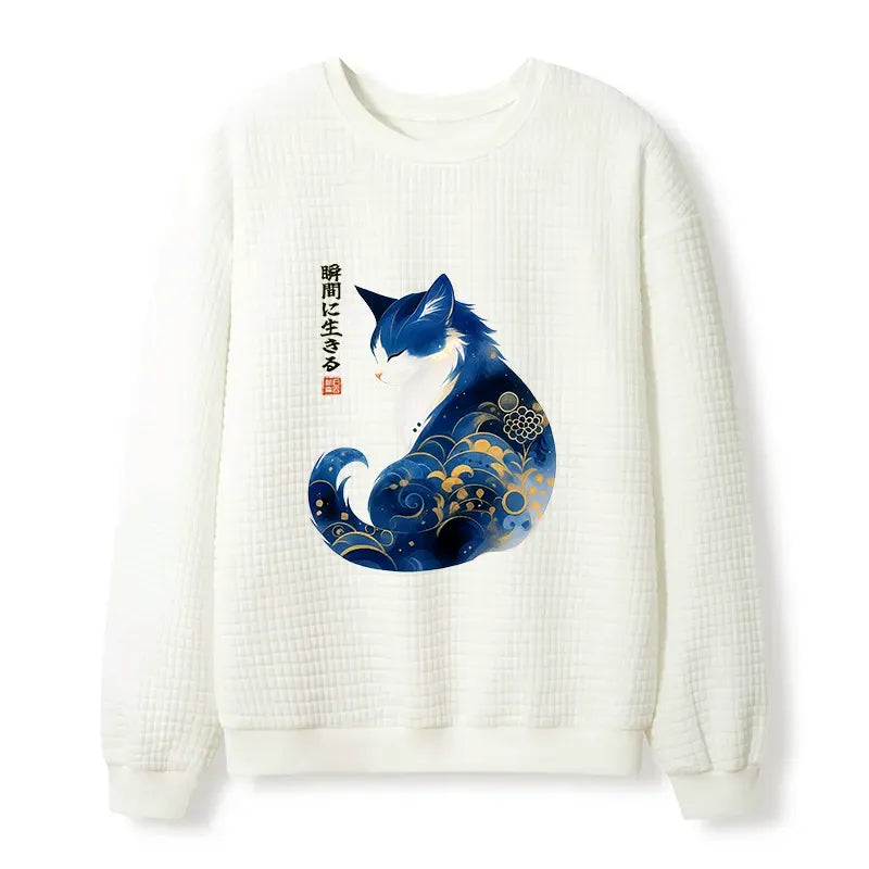 Japanese Retro Cat Waffle Sweatshirt for Daily Wear