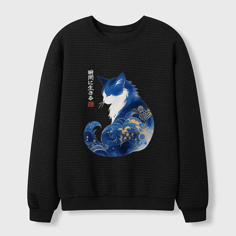 Kyoto-Lion Retro Zen Cat: Living the Present Waffle Sweatshirt