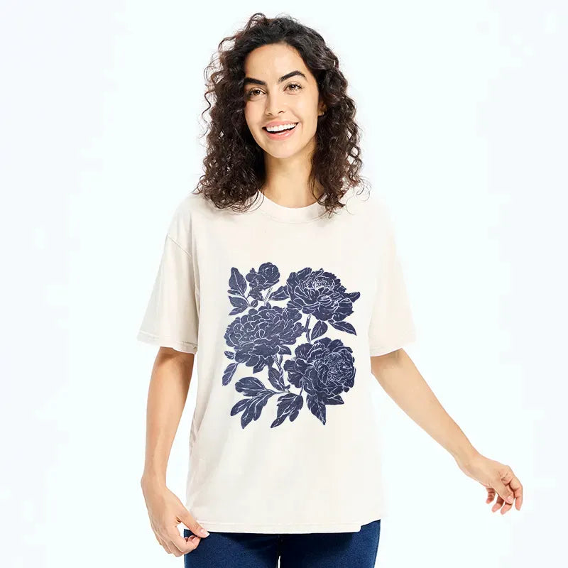 Japanese Peony Washed T-Shirt for Daily Wear
