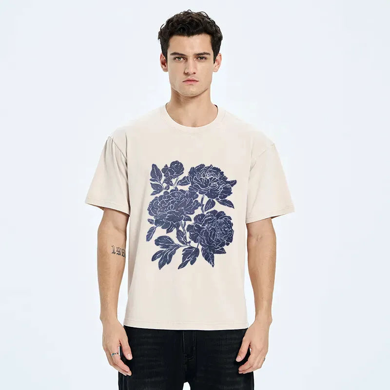 Japanese Peony Washed T-Shirt for Daily Wear