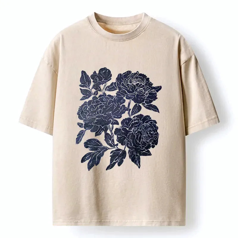 Japanese Peony Washed T-Shirt for Daily Wear