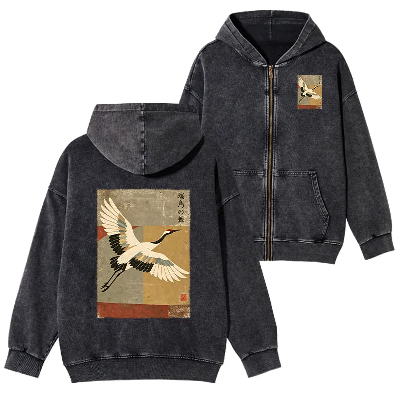 Kyoto-Lion Crane Spirit Washed Zip Hoodie